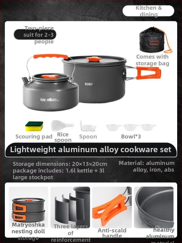 Портативен комплект къмпинг съдове за готвене – алуминиева сплав, Tuocun, за 1–2 души, тегло 1,0 кг