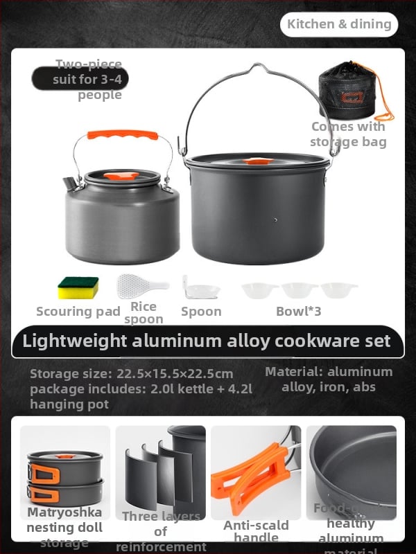 Портативен комплект къмпинг съдове за готвене – алуминиева сплав, Tuocun, за 1–2 души, тегло 1,0 кг