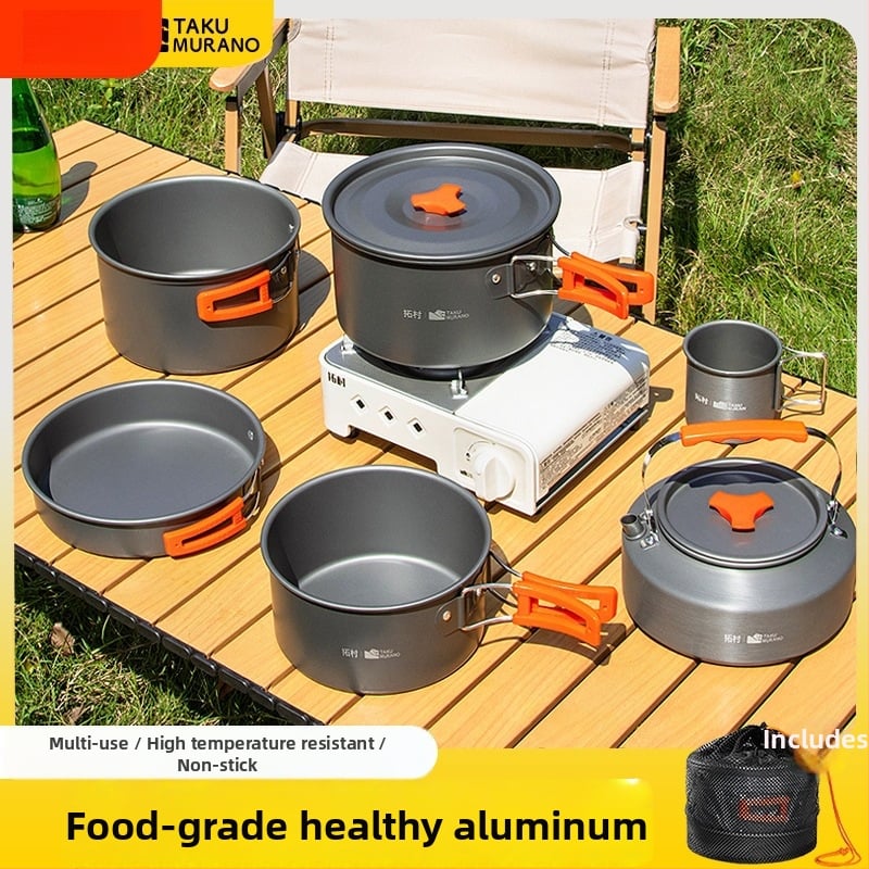 Портативен комплект къмпинг съдове за готвене – алуминиева сплав, Tuocun, за 1–2 души, тегло 1,0 кг