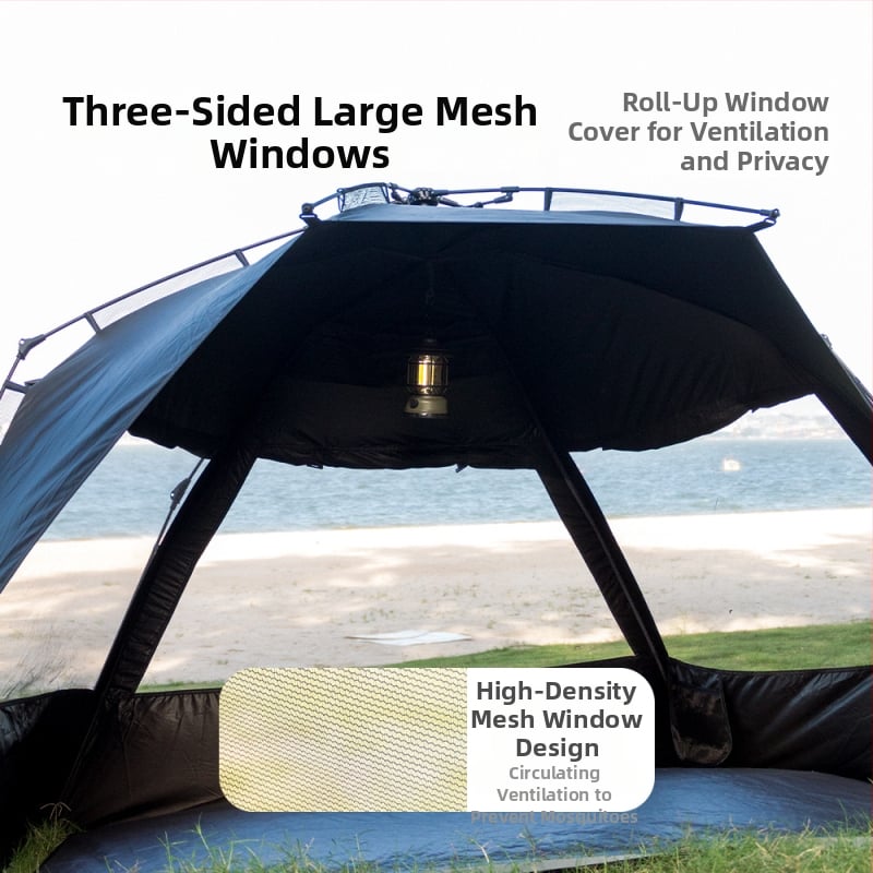 Kemping sátor integrált árnyékolóval és automatikus gyorsnyitással (Blackdog; Oxford anyag; vízállóság 1000; kerek forma)