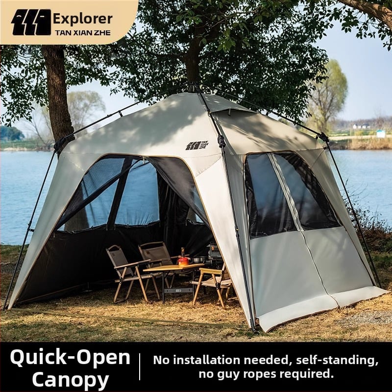 Къмпинг палатка със страничен навес, бързо разгръщане - еднослойна конструкция, фибърни пръти, водоустойност над 3000 мм, тегло 7.2 кг