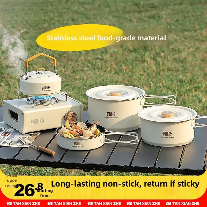 Набор съдове за къмпинг: тричленен комплект с походен котел и чайник (неръждаема стомана, преносим)