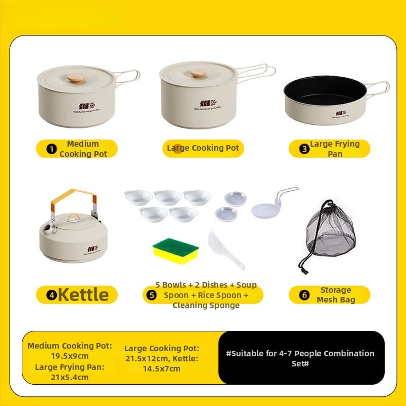 Набор съдове за къмпинг: тричленен комплект с походен котел и чайник (неръждаема стомана, преносим)