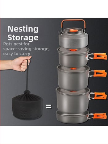 Портативен къмпинг комплект съдове за готвене, алуминиева сплав, за 3–5 човека, многофункционален (пържене/варене), възможност за печат на лого