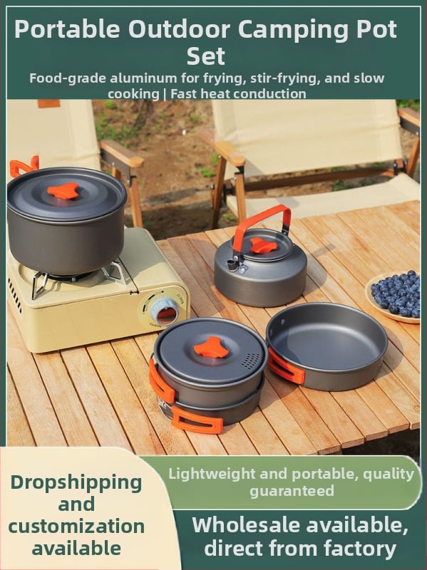 Портативен къмпинг комплект съдове за готвене, алуминиева сплав, за 3–5 човека, многофункционален (пържене/варене), възможност за печат на лого