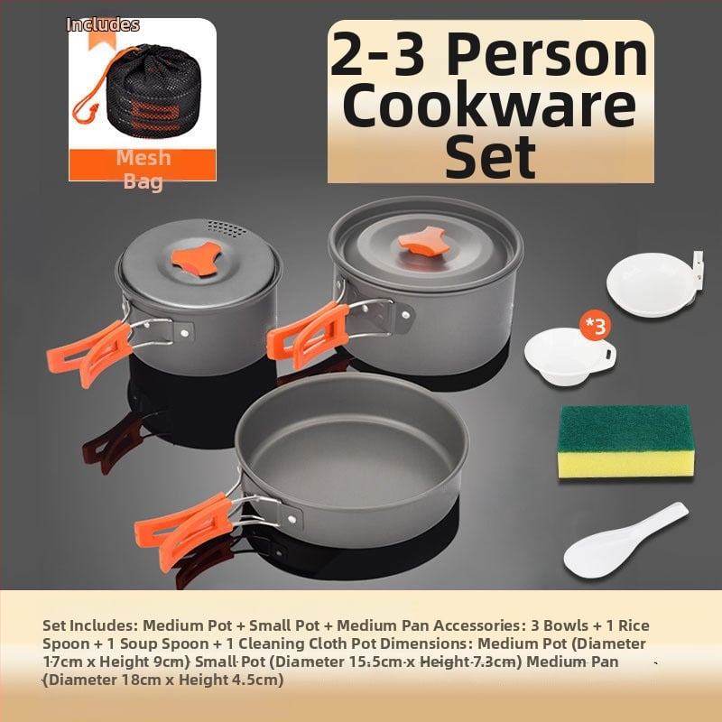 Портативен къмпинг комплект съдове за готвене, алуминиева сплав, за 3–5 човека, многофункционален (пържене/варене), възможност за печат на лого