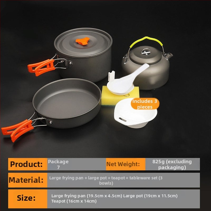 Портативен къмпинг комплект съдове за готвене, алуминиева сплав, за 3–5 човека, многофункционален (пържене/варене), възможност за печат на лого