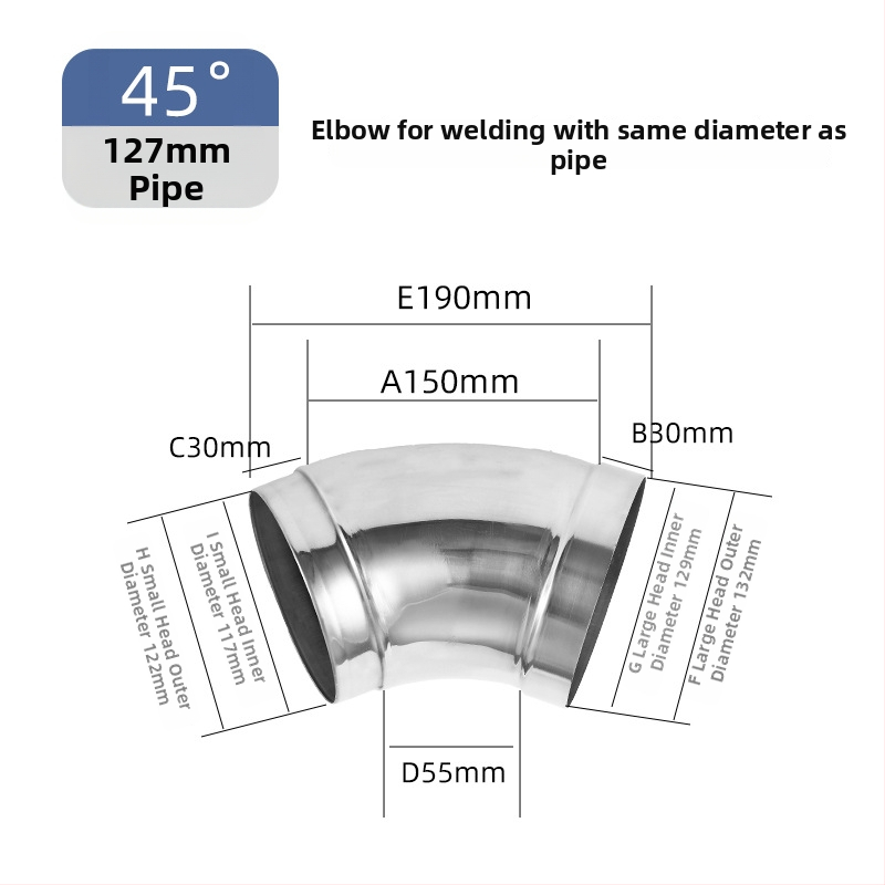 Uholový fiting z nehrdzavejúcej ocele 304, zváraný, lisovaný, 90°, veľký priemer, hrúbka steny 1,2 mm