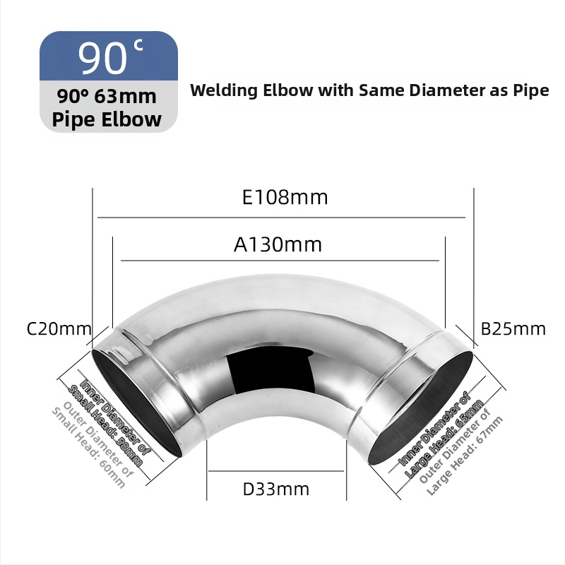 Uholový fiting z nehrdzavejúcej ocele 304, zváraný, lisovaný, 90°, veľký priemer, hrúbka steny 1,2 mm
