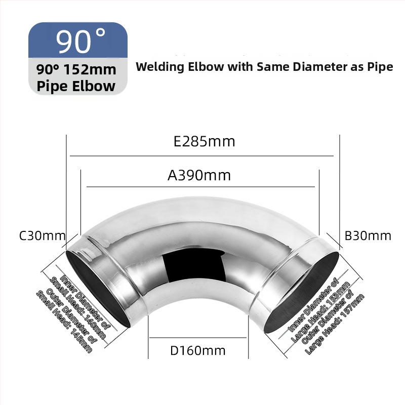 Uholový fiting z nehrdzavejúcej ocele 304, zváraný, lisovaný, 90°, veľký priemer, hrúbka steny 1,2 mm