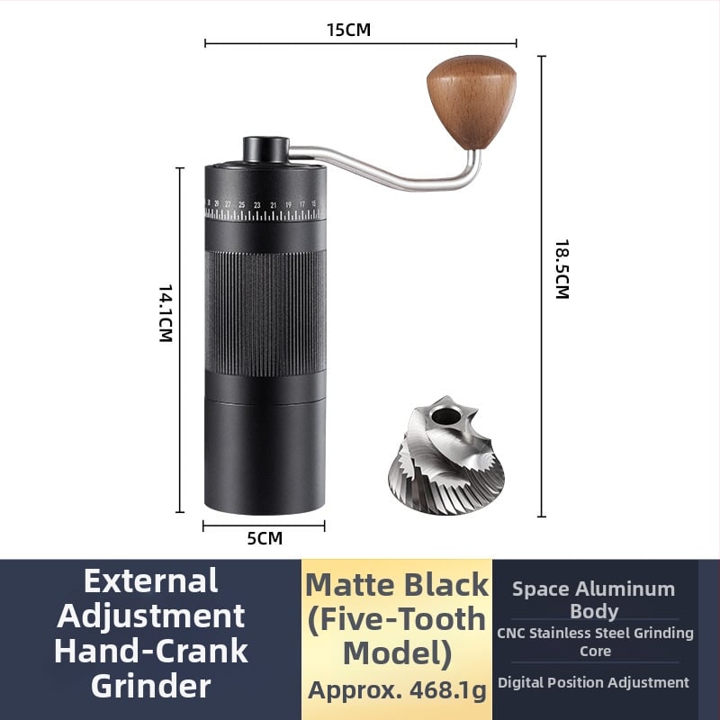Φορητός χειροκίνητος μύλος κόκκων καφέ, Nordic στυλ, CNC ατσάλινο πυρήνα, αλουμινένιο σώμα, μηχανισμός από ανοξείδωτο ατσάλι, βάρος 460 g, ρύθμιση μεγέθους άλεσης