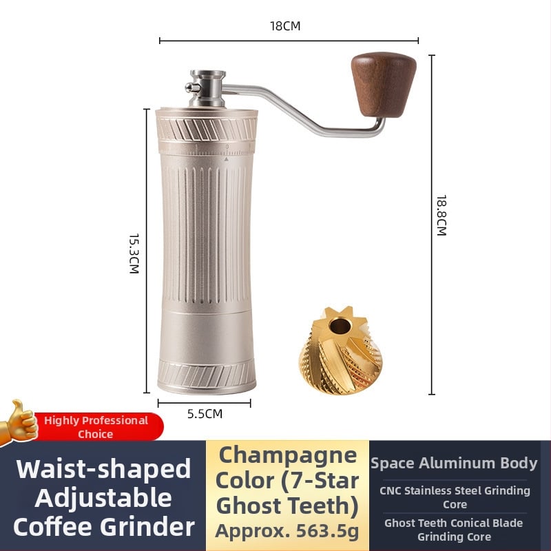 Φορητός χειροκίνητος μύλος κόκκων καφέ, Nordic στυλ, CNC ατσάλινο πυρήνα, αλουμινένιο σώμα, μηχανισμός από ανοξείδωτο ατσάλι, βάρος 460 g, ρύθμιση μεγέθους άλεσης