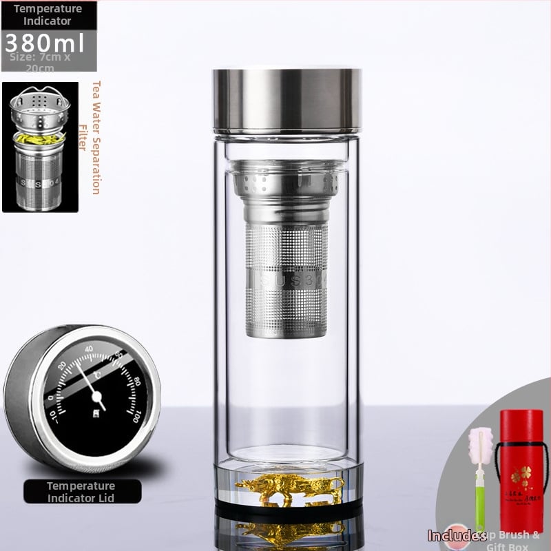 Κούπα τσαγιού με διπλό τοίχωμα από γυαλί, ευφυής μέτρηση θερμοκρασίας, πολυεπίπεδη κατασκευή, κινεζικού στυλ με καπάκι και χωρίς φίλτρο