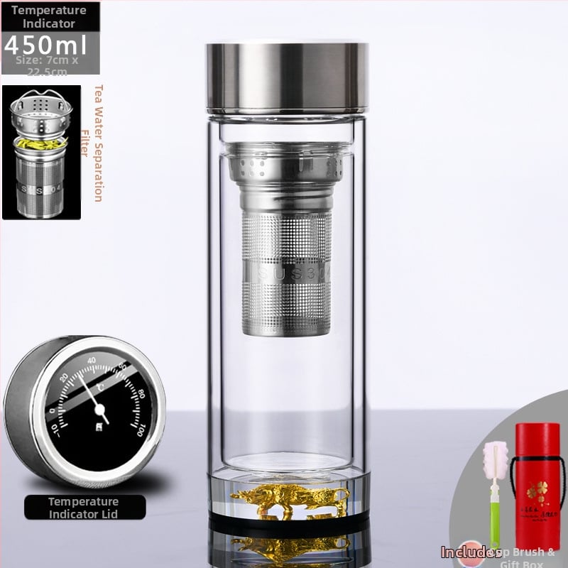 Κούπα τσαγιού με διπλό τοίχωμα από γυαλί, ευφυής μέτρηση θερμοκρασίας, πολυεπίπεδη κατασκευή, κινεζικού στυλ με καπάκι και χωρίς φίλτρο