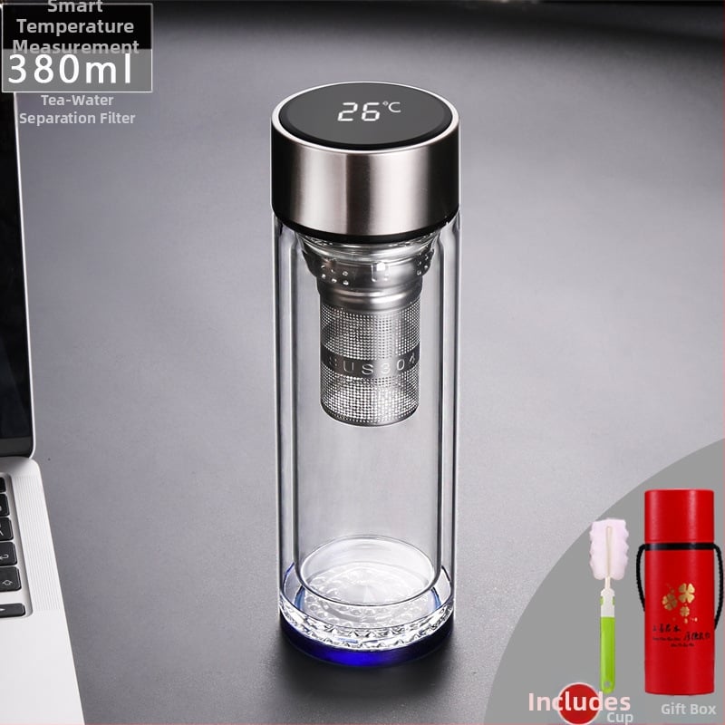 Κούπα τσαγιού με διπλό τοίχωμα από γυαλί, ευφυής μέτρηση θερμοκρασίας, πολυεπίπεδη κατασκευή, κινεζικού στυλ με καπάκι και χωρίς φίλτρο