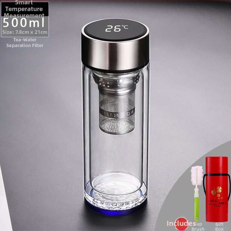 Κούπα τσαγιού με διπλό τοίχωμα από γυαλί, ευφυής μέτρηση θερμοκρασίας, πολυεπίπεδη κατασκευή, κινεζικού στυλ με καπάκι και χωρίς φίλτρο