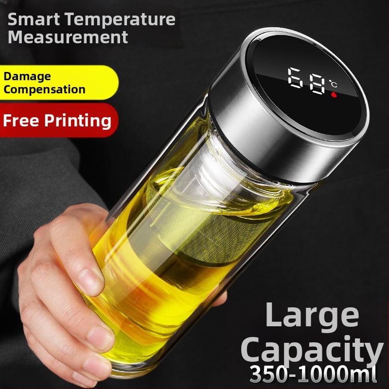 Ποτήρι γυαλιού με διπλό τοίχωμα, έξυπνη μέτρηση θερμοκρασίας, φίλτρο τσαγιού, από γυαλί υψηλής αντοχής, στεγανοποιημένο