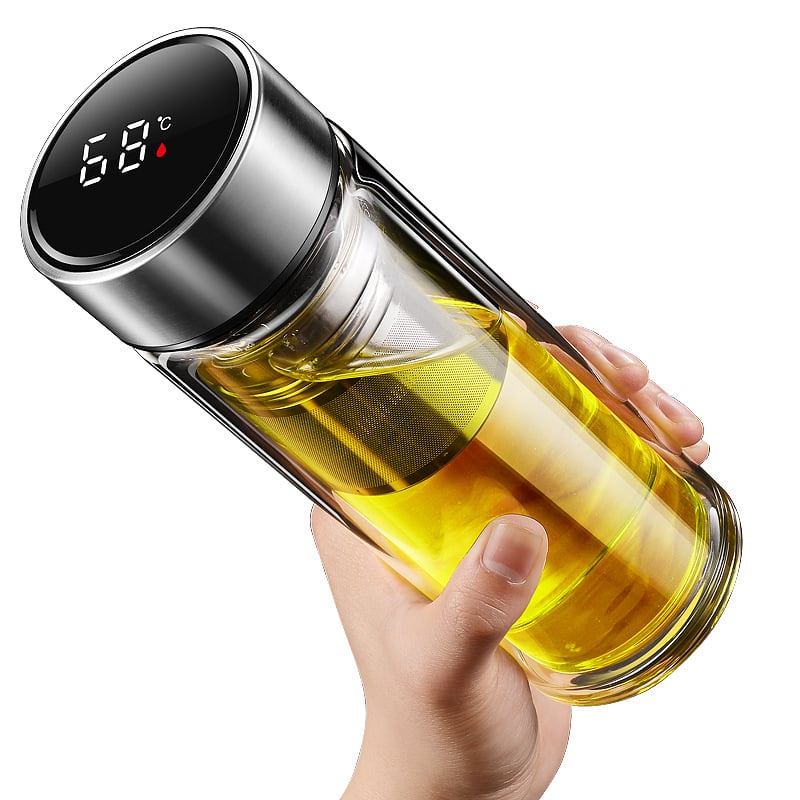 Ποτήρι γυαλιού με διπλό τοίχωμα, έξυπνη μέτρηση θερμοκρασίας, φίλτρο τσαγιού, από γυαλί υψηλής αντοχής, στεγανοποιημένο