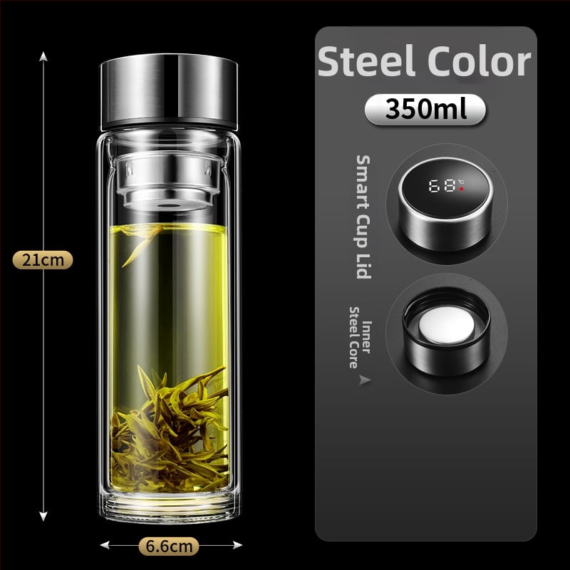 Ποτήρι γυαλιού με διπλό τοίχωμα, έξυπνη μέτρηση θερμοκρασίας, φίλτρο τσαγιού, από γυαλί υψηλής αντοχής, στεγανοποιημένο