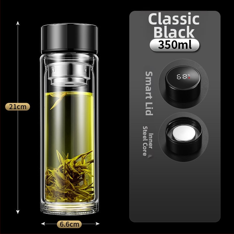 Ποτήρι γυαλιού με διπλό τοίχωμα, έξυπνη μέτρηση θερμοκρασίας, φίλτρο τσαγιού, από γυαλί υψηλής αντοχής, στεγανοποιημένο