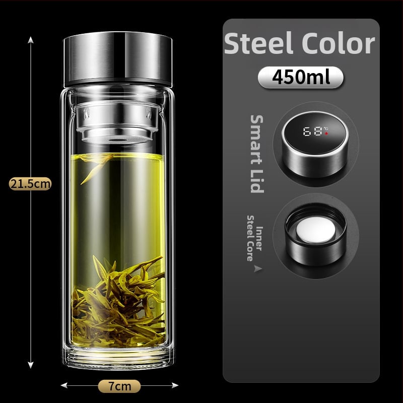 Ποτήρι γυαλιού με διπλό τοίχωμα, έξυπνη μέτρηση θερμοκρασίας, φίλτρο τσαγιού, από γυαλί υψηλής αντοχής, στεγανοποιημένο