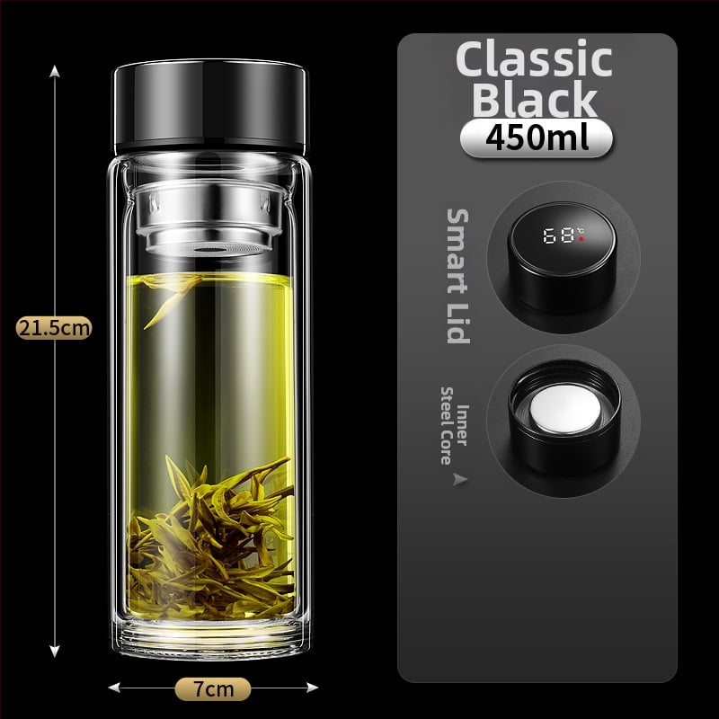 Ποτήρι γυαλιού με διπλό τοίχωμα, έξυπνη μέτρηση θερμοκρασίας, φίλτρο τσαγιού, από γυαλί υψηλής αντοχής, στεγανοποιημένο