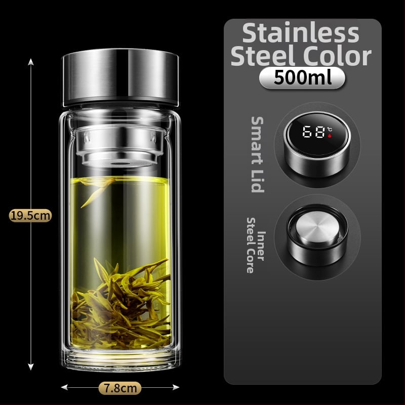 Ποτήρι γυαλιού με διπλό τοίχωμα, έξυπνη μέτρηση θερμοκρασίας, φίλτρο τσαγιού, από γυαλί υψηλής αντοχής, στεγανοποιημένο