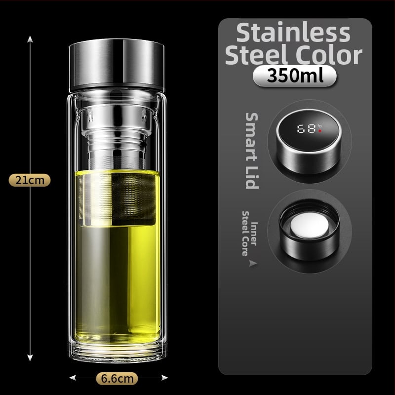 Ποτήρι γυαλιού με διπλό τοίχωμα, έξυπνη μέτρηση θερμοκρασίας, φίλτρο τσαγιού, από γυαλί υψηλής αντοχής, στεγανοποιημένο