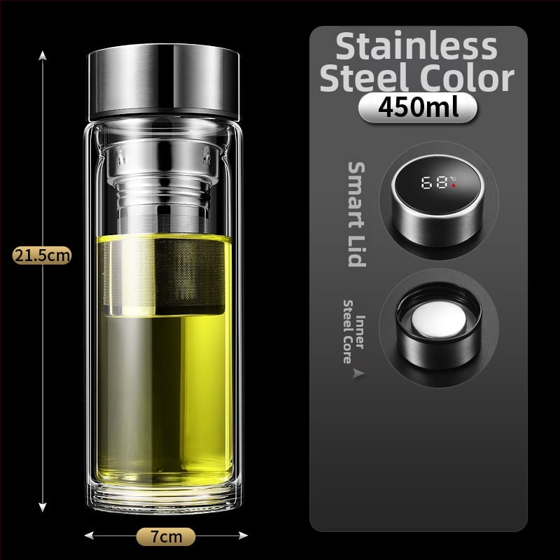 Ποτήρι γυαλιού με διπλό τοίχωμα, έξυπνη μέτρηση θερμοκρασίας, φίλτρο τσαγιού, από γυαλί υψηλής αντοχής, στεγανοποιημένο