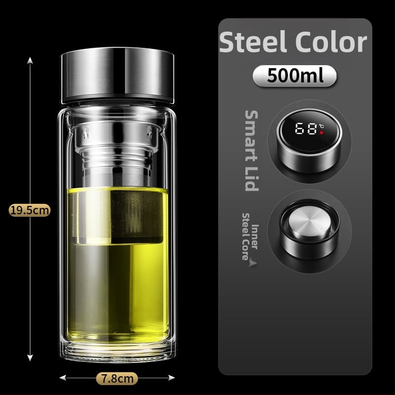 Ποτήρι γυαλιού με διπλό τοίχωμα, έξυπνη μέτρηση θερμοκρασίας, φίλτρο τσαγιού, από γυαλί υψηλής αντοχής, στεγανοποιημένο