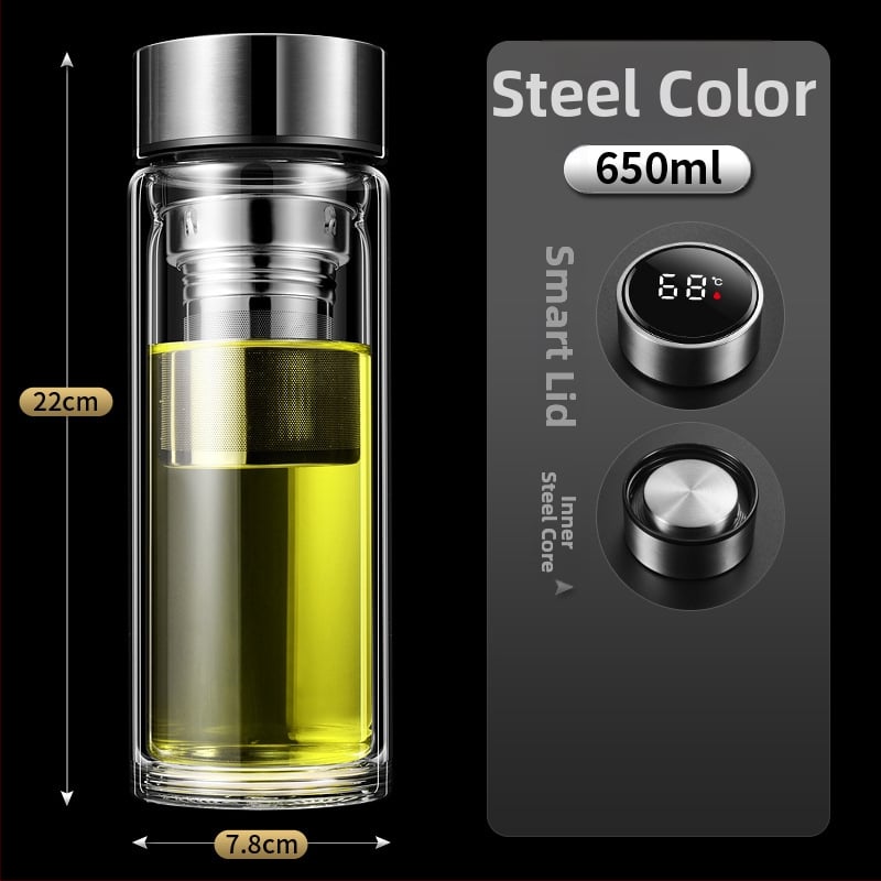 Ποτήρι γυαλιού με διπλό τοίχωμα, έξυπνη μέτρηση θερμοκρασίας, φίλτρο τσαγιού, από γυαλί υψηλής αντοχής, στεγανοποιημένο