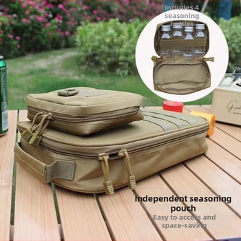 Преносим комплект за къмпинг кухненски прибори от неръждаема стомана – многофункционален комплект съдове с нож, вилица и лъжица и чанта за подправки