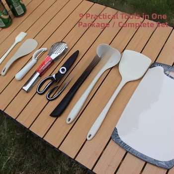 Преносим комплект за къмпинг кухненски прибори от неръждаема стомана – многофункционален комплект съдове с нож, вилица и лъжица и чанта за подправки