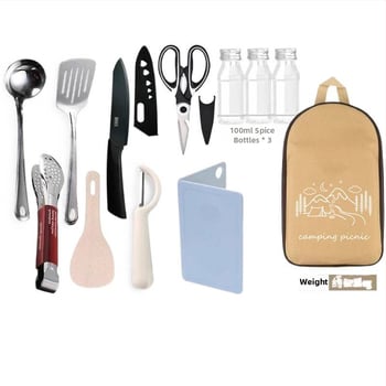 Преносим комплект за къмпинг кухненски прибори от неръждаема стомана – многофункционален комплект съдове с нож, вилица и лъжица и чанта за подправки