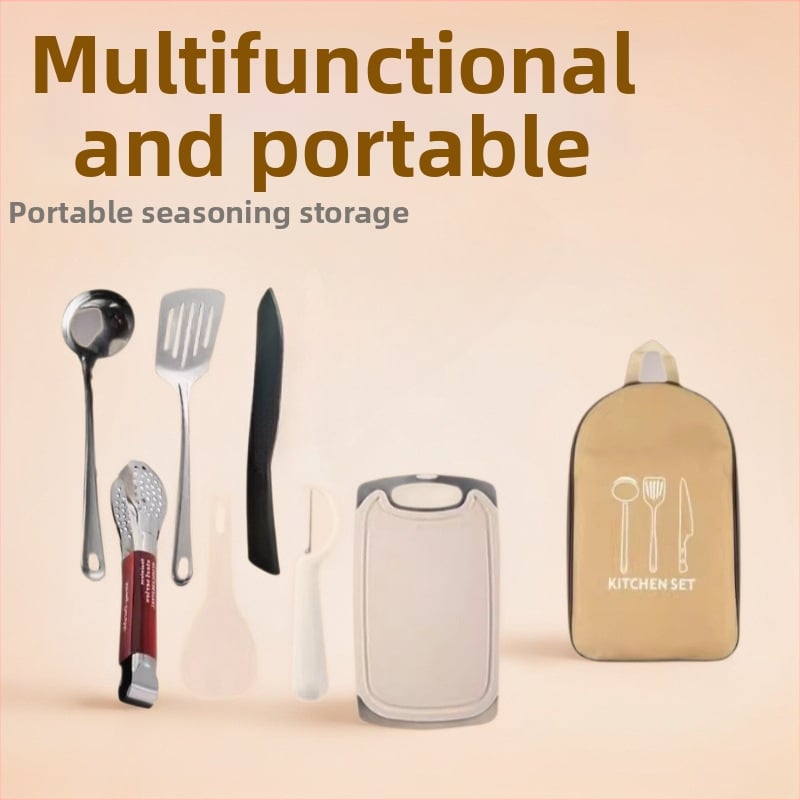 Преносим комплект за къмпинг кухненски прибори от неръждаема стомана – многофункционален комплект съдове с нож, вилица и лъжица и чанта за подправки