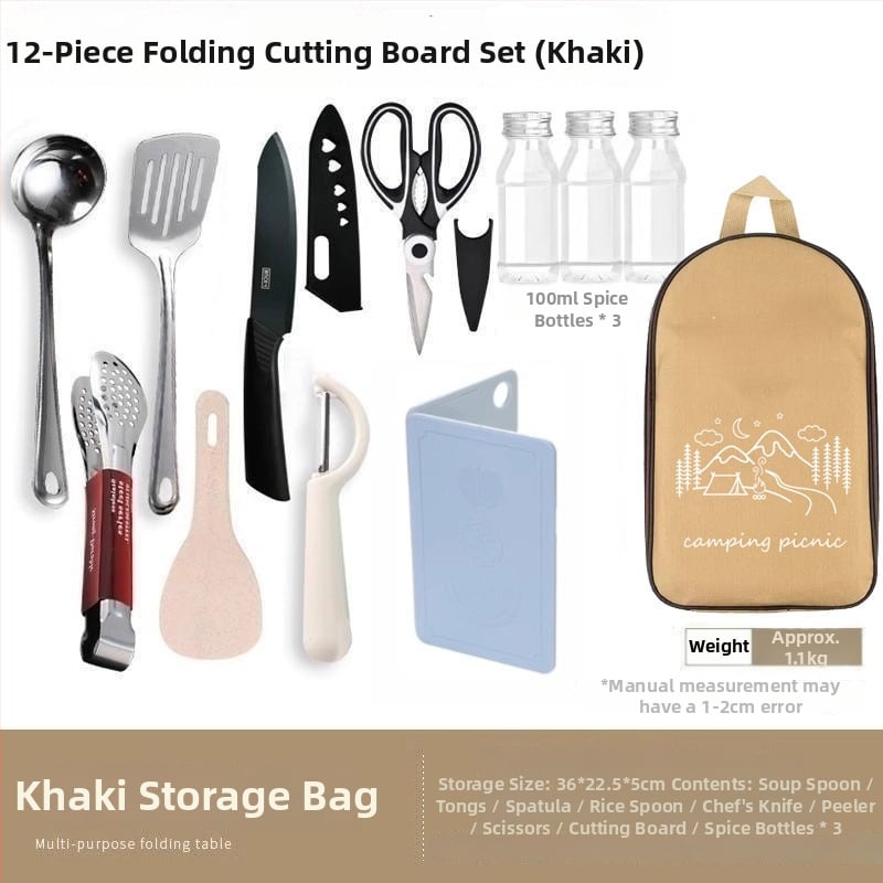 Преносим комплект за къмпинг кухненски прибори от неръждаема стомана – многофункционален комплект съдове с нож, вилица и лъжица и чанта за подправки