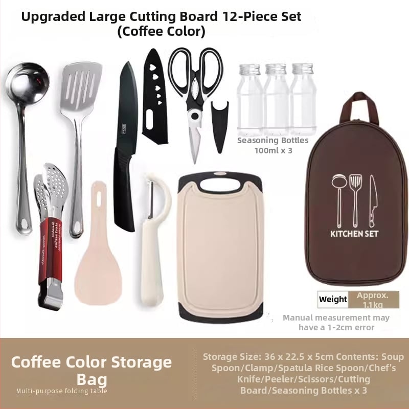 Преносим комплект за къмпинг кухненски прибори от неръждаема стомана – многофункционален комплект съдове с нож, вилица и лъжица и чанта за подправки