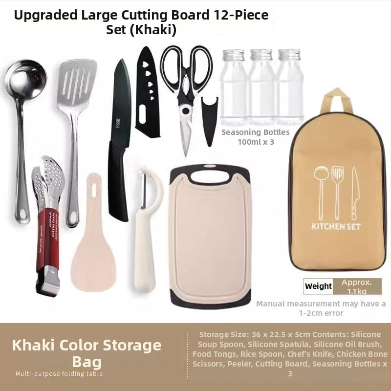 Преносим комплект за къмпинг кухненски прибори от неръждаема стомана – многофункционален комплект съдове с нож, вилица и лъжица и чанта за подправки