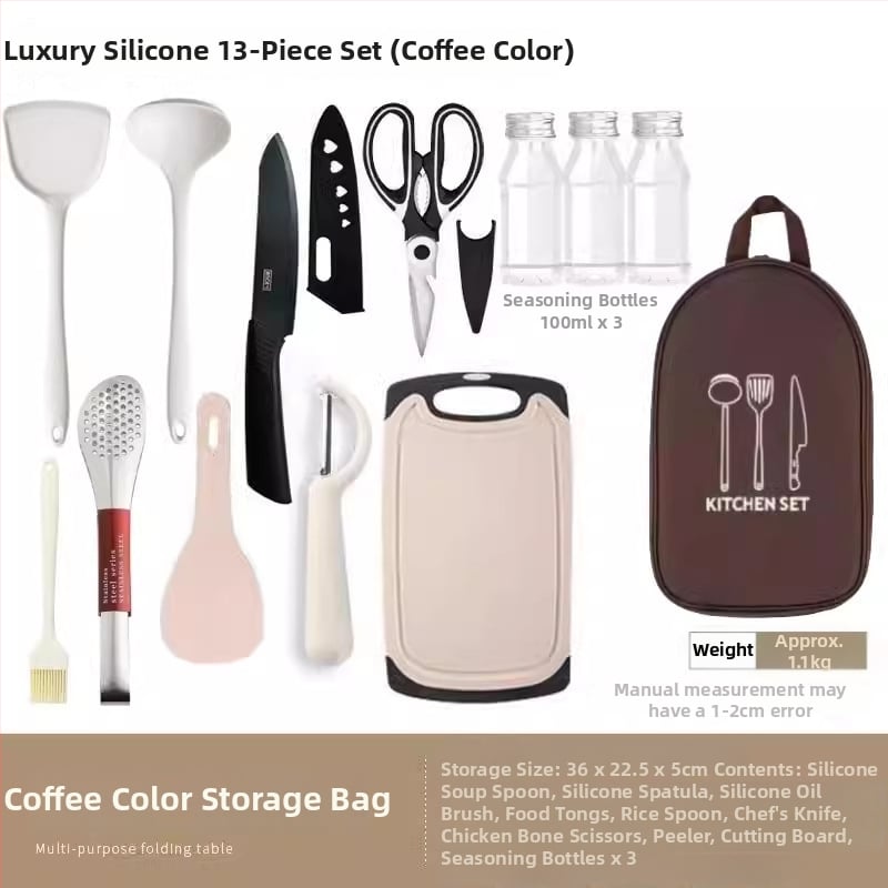 Преносим комплект за къмпинг кухненски прибори от неръждаема стомана – многофункционален комплект съдове с нож, вилица и лъжица и чанта за подправки