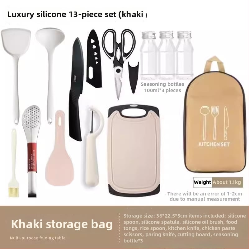 Преносим комплект за къмпинг кухненски прибори от неръждаема стомана – многофункционален комплект съдове с нож, вилица и лъжица и чанта за подправки