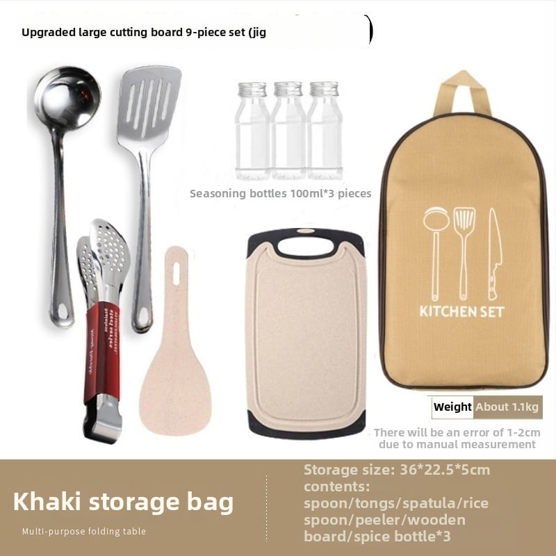Преносим комплект за къмпинг кухненски прибори от неръждаема стомана – многофункционален комплект съдове с нож, вилица и лъжица и чанта за подправки
