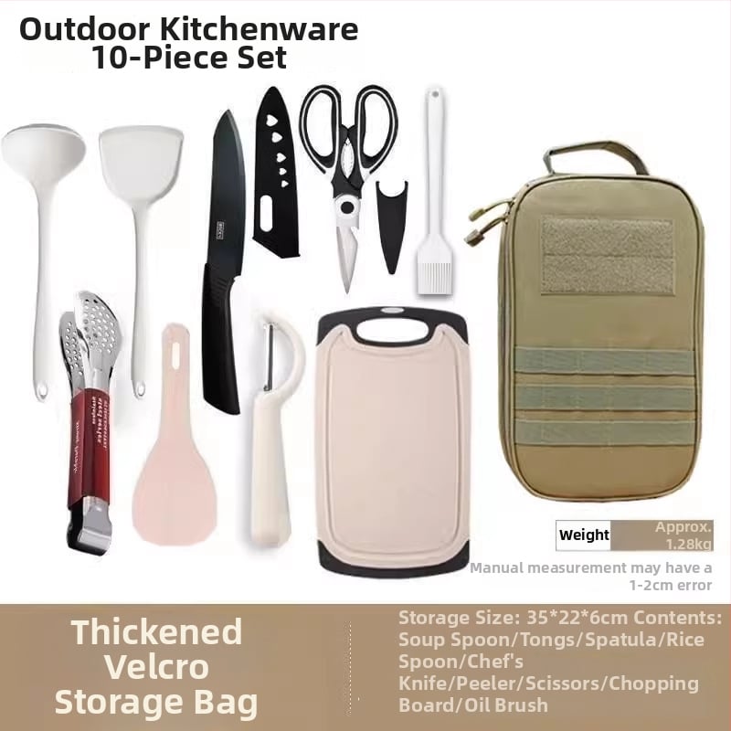 Преносим комплект за къмпинг кухненски прибори от неръждаема стомана – многофункционален комплект съдове с нож, вилица и лъжица и чанта за подправки