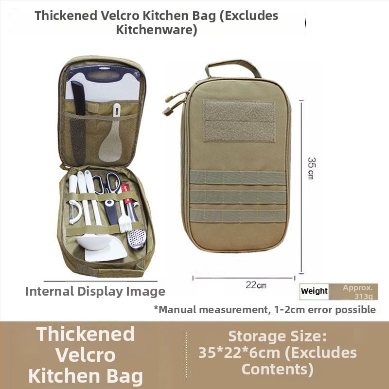 Преносим комплект за къмпинг кухненски прибори от неръждаема стомана – многофункционален комплект съдове с нож, вилица и лъжица и чанта за подправки