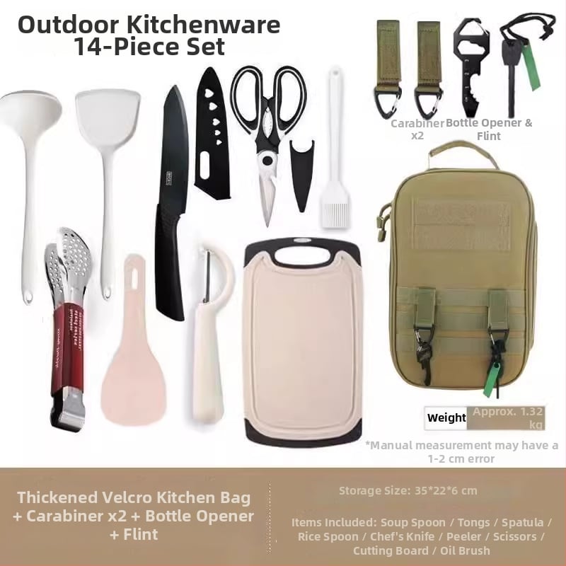 Преносим комплект за къмпинг кухненски прибори от неръждаема стомана – многофункционален комплект съдове с нож, вилица и лъжица и чанта за подправки
