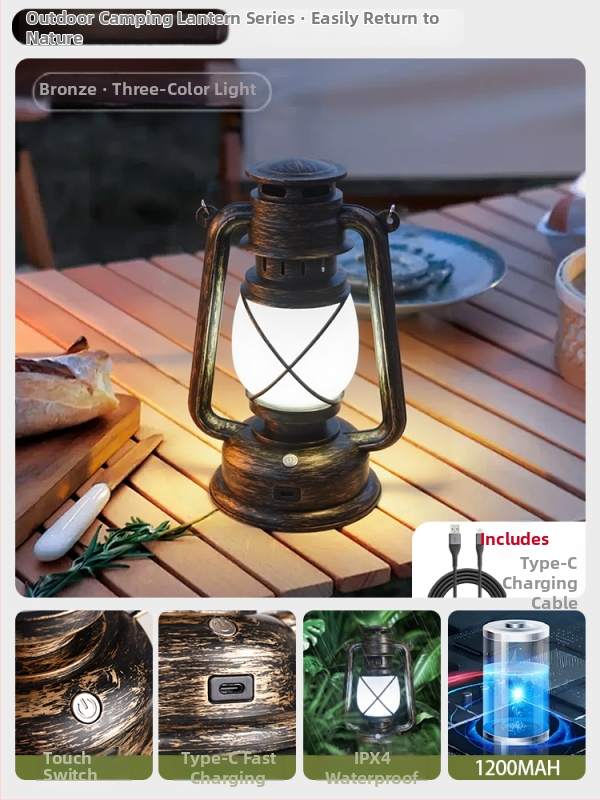 Lumină de camping cu baterie reîncărcabilă încorporată 18650, lampă incandescentă, lanternă portabilă pentru cort în aer liber