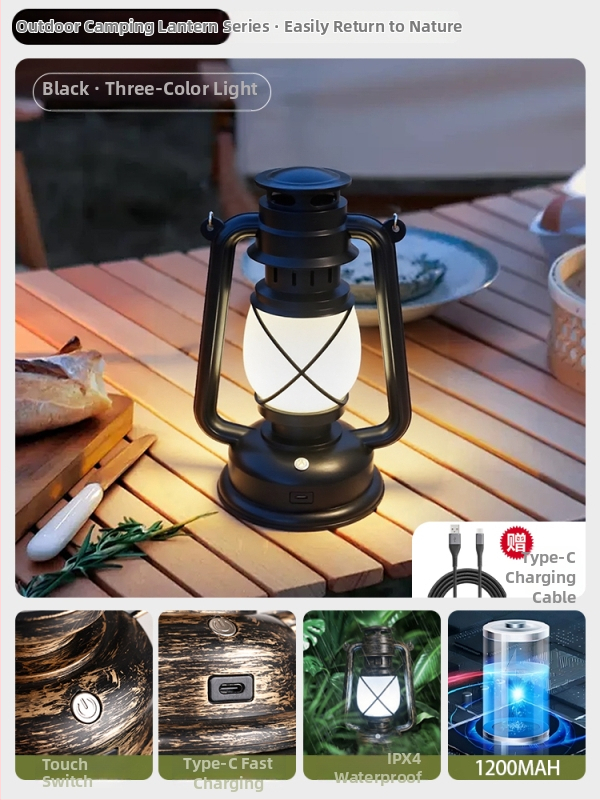 Lumină de camping cu baterie reîncărcabilă încorporată 18650, lampă incandescentă, lanternă portabilă pentru cort în aer liber