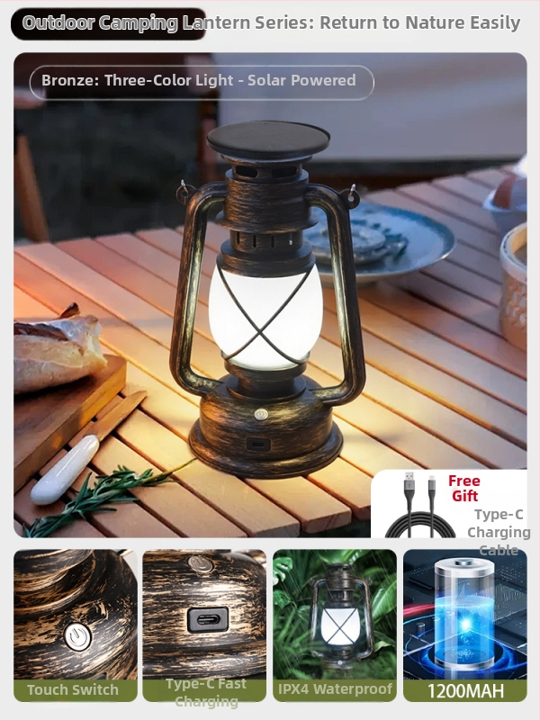 Lumină de camping cu baterie reîncărcabilă încorporată 18650, lampă incandescentă, lanternă portabilă pentru cort în aer liber