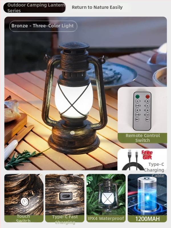 Lumină de camping cu baterie reîncărcabilă încorporată 18650, lampă incandescentă, lanternă portabilă pentru cort în aer liber