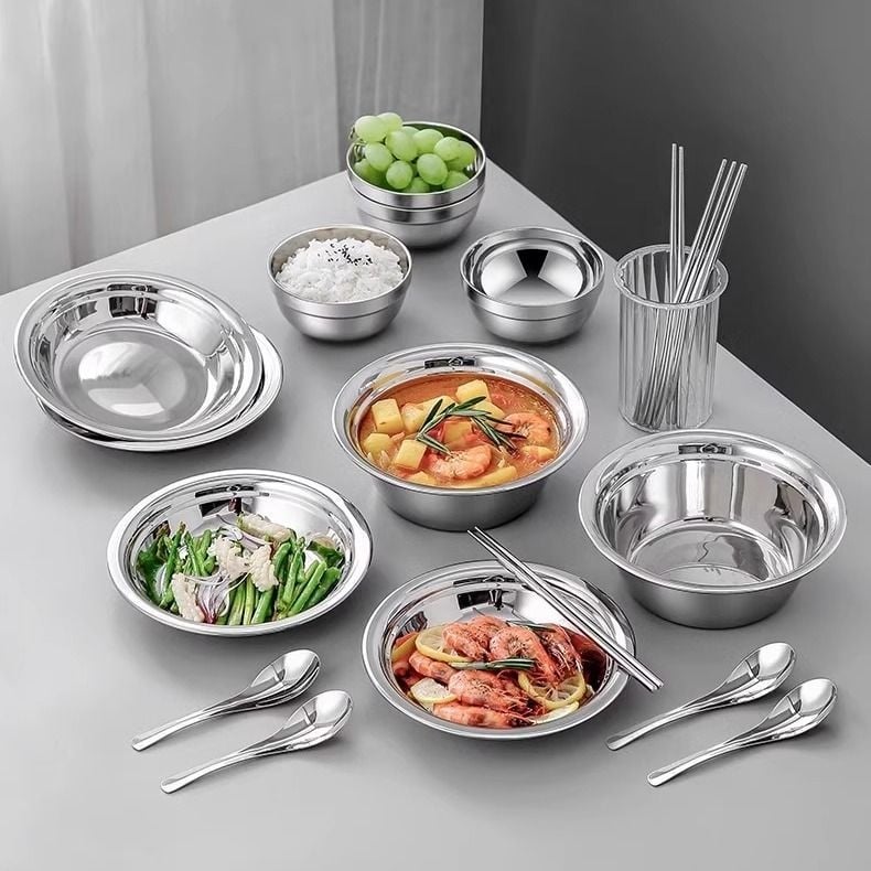 304 неръждаема стомана – комплект прибори за хранене със купи, чинии и клечки за хранене, преносим за къмпинг на открито