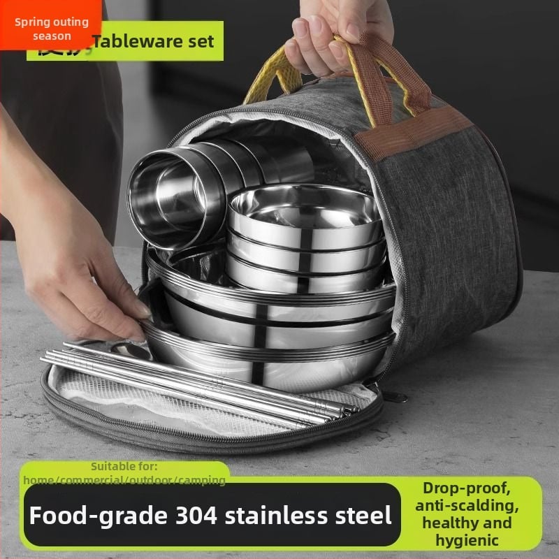 304 неръждаема стомана – комплект прибори за хранене със купи, чинии и клечки за хранене, преносим за къмпинг на открито
